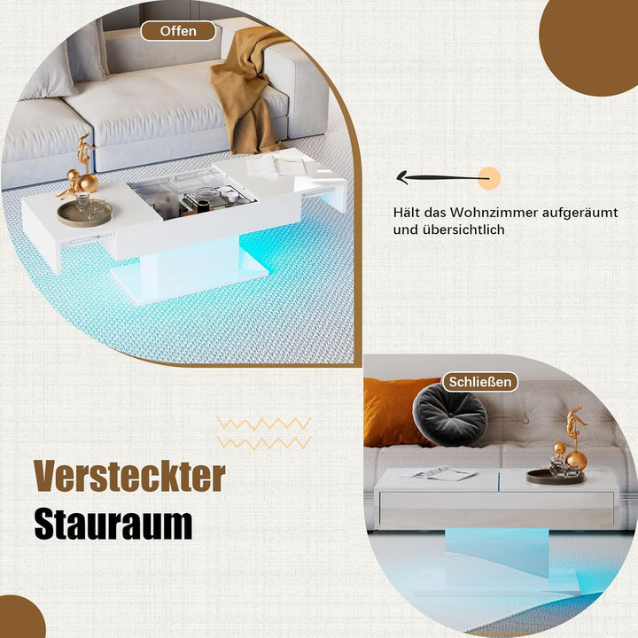 KEEPREAPER Couchtisch Hochglanz ausziehbar, Wohnzimmertisch versenkbar mit Stauraum für Sofa, 108x53