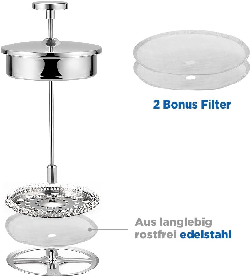 Ecooe 1.5L French Press Kaffee Doppelwandiger Kaffeebereiter aus 18/10 Rostenfrei Edelstahl mit 3 Fi