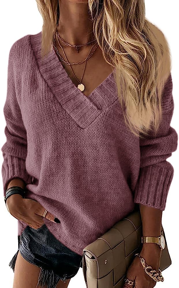 Wenrine Damen Pullover Winter Langarm V-Ausschnitt Strickpullover Sexy Lose Einfarbig S Violett, S V