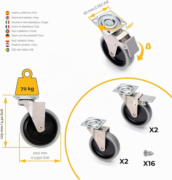 Emuca - Set aus 4 Lenkrollen für Möbel Ø100mm mit Anschraubplatte und Kugellager, schwenkrollen Gumm