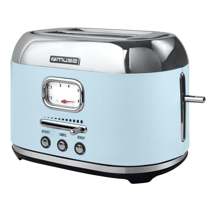 Muse Retro Toaster, 2 Scheiben, 6 Bräunungsstufen, analoge Anzeige, beleuchtete Tasten, Krümelschubl