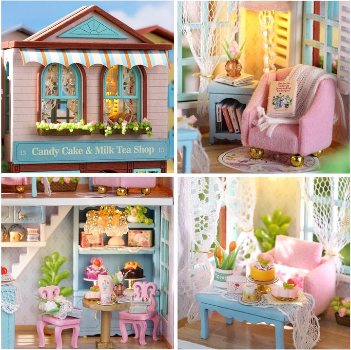 CUTEROOM Miniatur Haus, DIY Puppenhaus Set aus Holz, Mini Hausbau-Set mit Möbeln und LED Licht, Gebu
