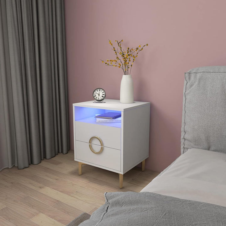 Lvhecforhm 2er Set Nachttisch Weiss, Nachttische Hochglanz Front, Nachttisch mit 2 Schubladen, Nacht