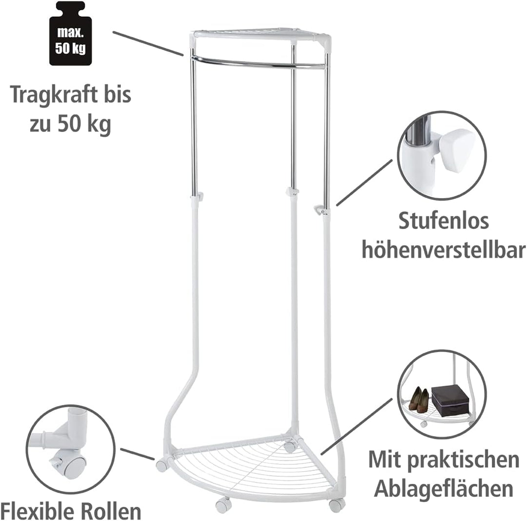 WENKO Kleiderständer Pointy, Garderobenständer zur Kleideraufbewahrung für die Ecke, mit Rollen und