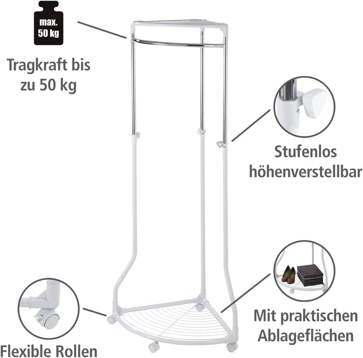 WENKO Kleiderständer Pointy, Garderobenständer zur Kleideraufbewahrung für die Ecke, mit Rollen und