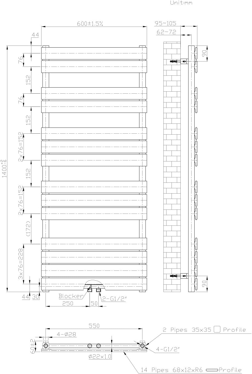WEBER Badheizkörper Mittelanschluss Design Handtuchheizkörper Handtuchwärmer NEU in ver. Grössen (60