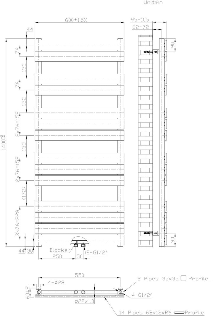 WEBER Badheizkörper Mittelanschluss Design Handtuchheizkörper Handtuchwärmer NEU in ver. Grössen (60