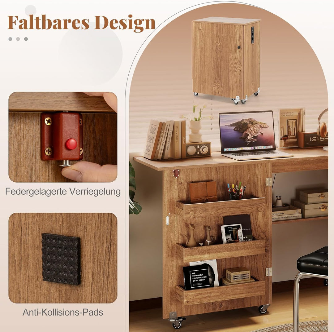 COSTWAY 2 in 1 Nähtisch klappbar mit Ladestation, Nähmaschinenschrank aus Holz mit Regalen, Nähschra