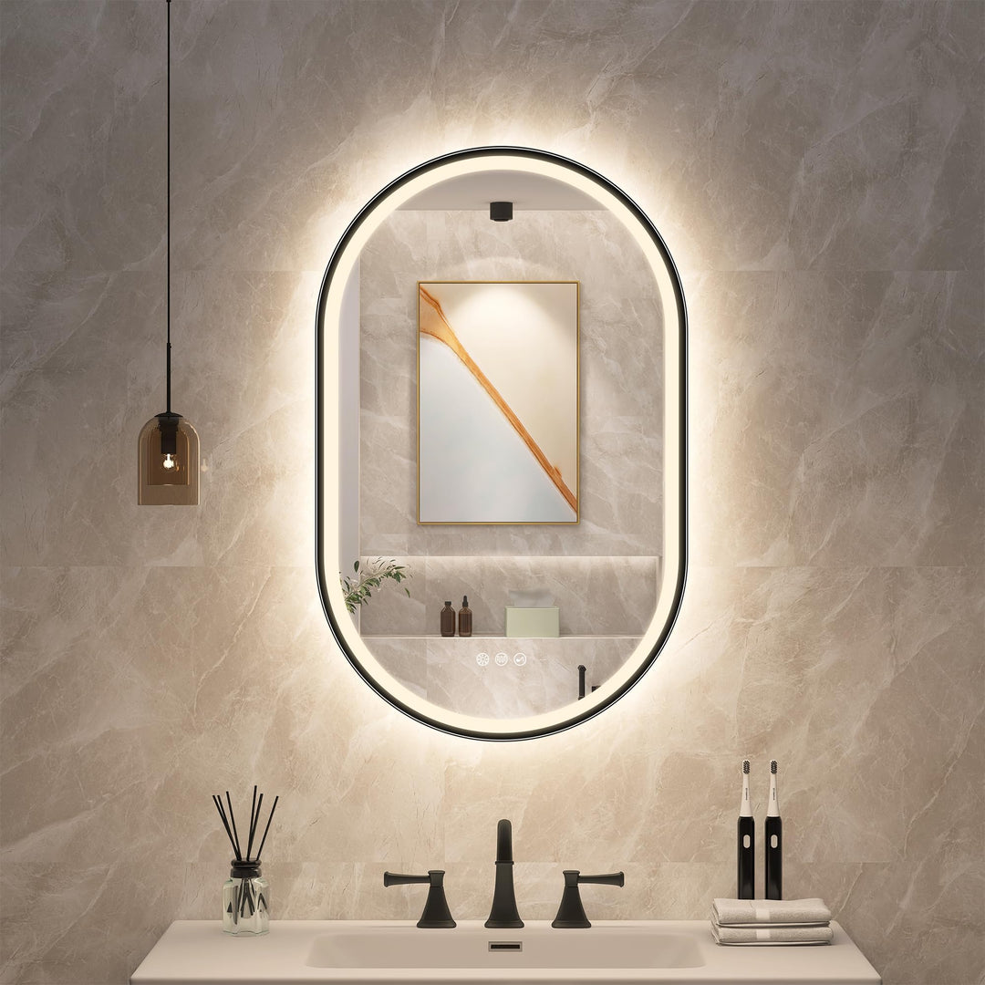 STARLEAD Schwarz Oval-LED-Badspiegel-mit-Beleuchtung 80x50cm, Bluetooth, Dimmbar, 3 Lichtfarben, Ent