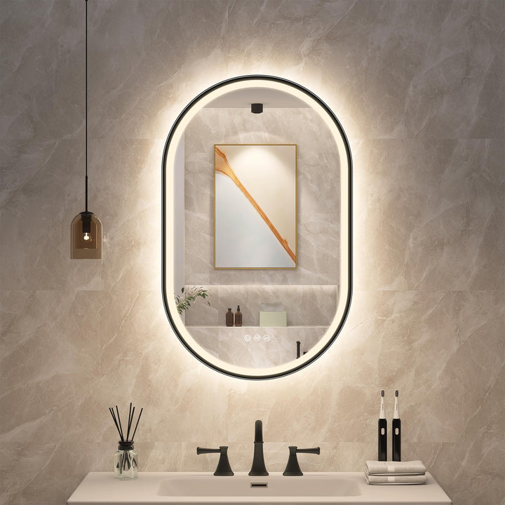 STARLEAD Schwarz Oval-LED-Badspiegel-mit-Beleuchtung 80x50cm, Bluetooth, Dimmbar, 3 Lichtfarben, Ent