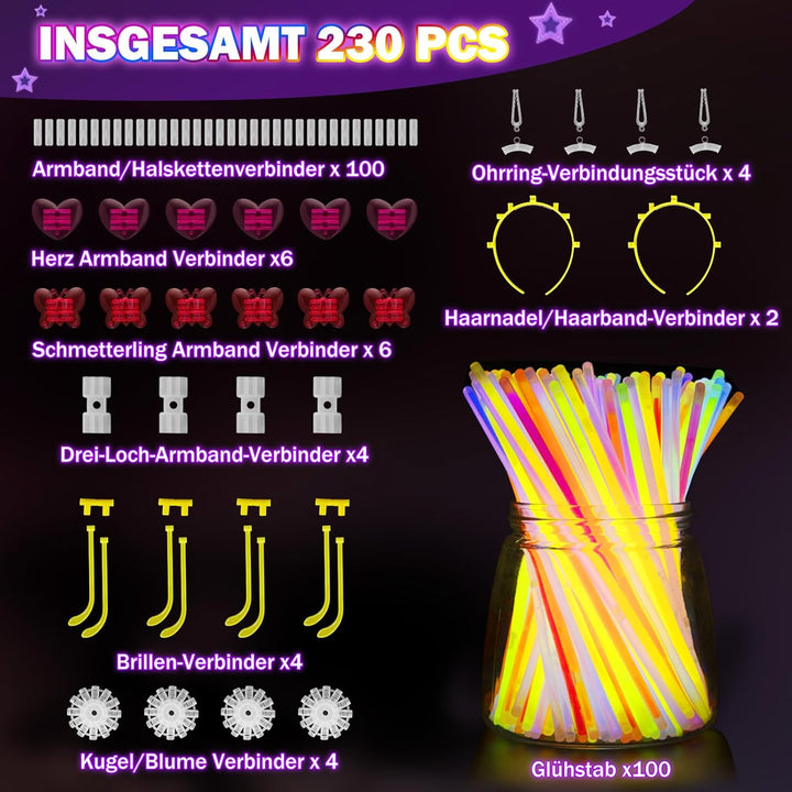 Knicklichter Party Set,100 Stück Leuchtstäbe 130 Verbinder,Neon Knicklichter Ketten und Leuchtbrille