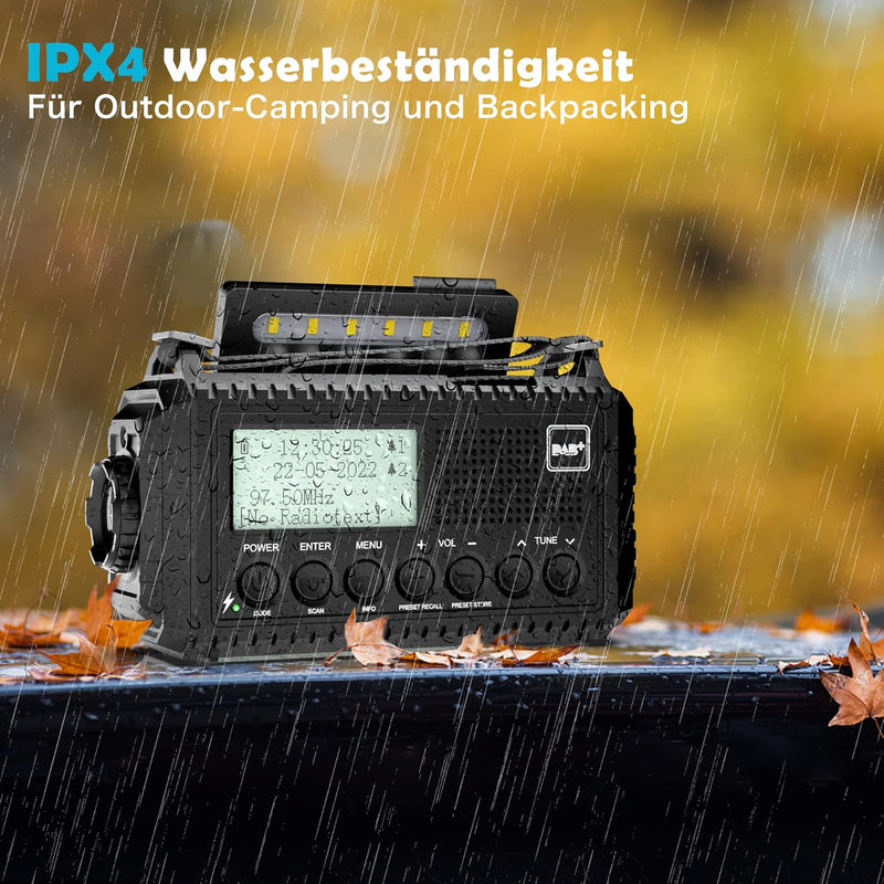 Kurbelradio DAB/UKW, Tragbare Solar Radio mit LED Taschenlampe & Leselicht, DAB+/FM Dynamo Radio IPX