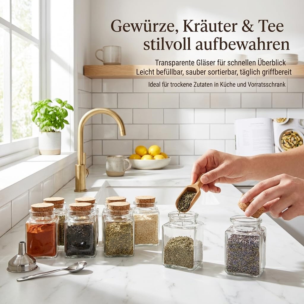 gouveo 12er Set Gewürzgläser 120 ml (0,12 l) Gewürzglas 120 ml hoch eckig mit Korken mit Presskorken