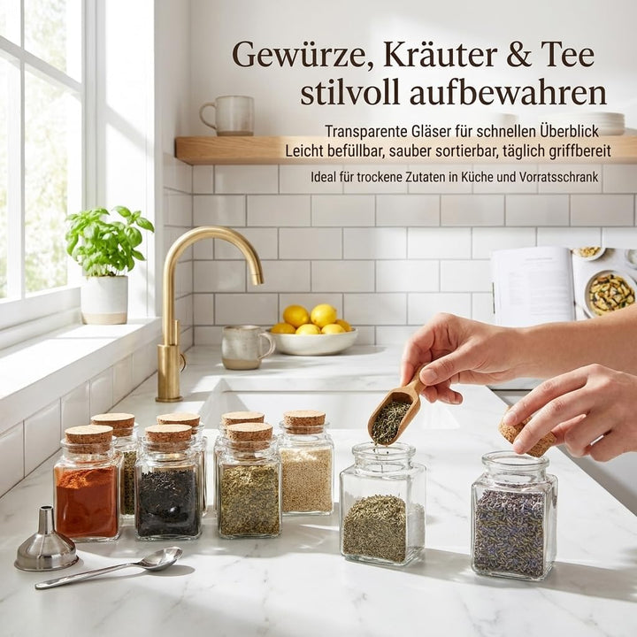 gouveo 12er Set Gewürzgläser 120 ml (0,12 l) Gewürzglas 120 ml hoch eckig mit Korken mit Presskorken