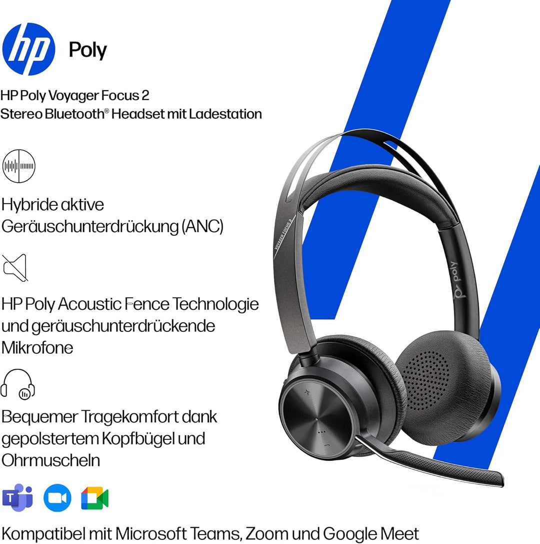 Poly Voyager Focus 2 USB-C Headset mit Ladestation und USB-C/A Adapter – Bluetooth, ANC, Acoustic Fe
