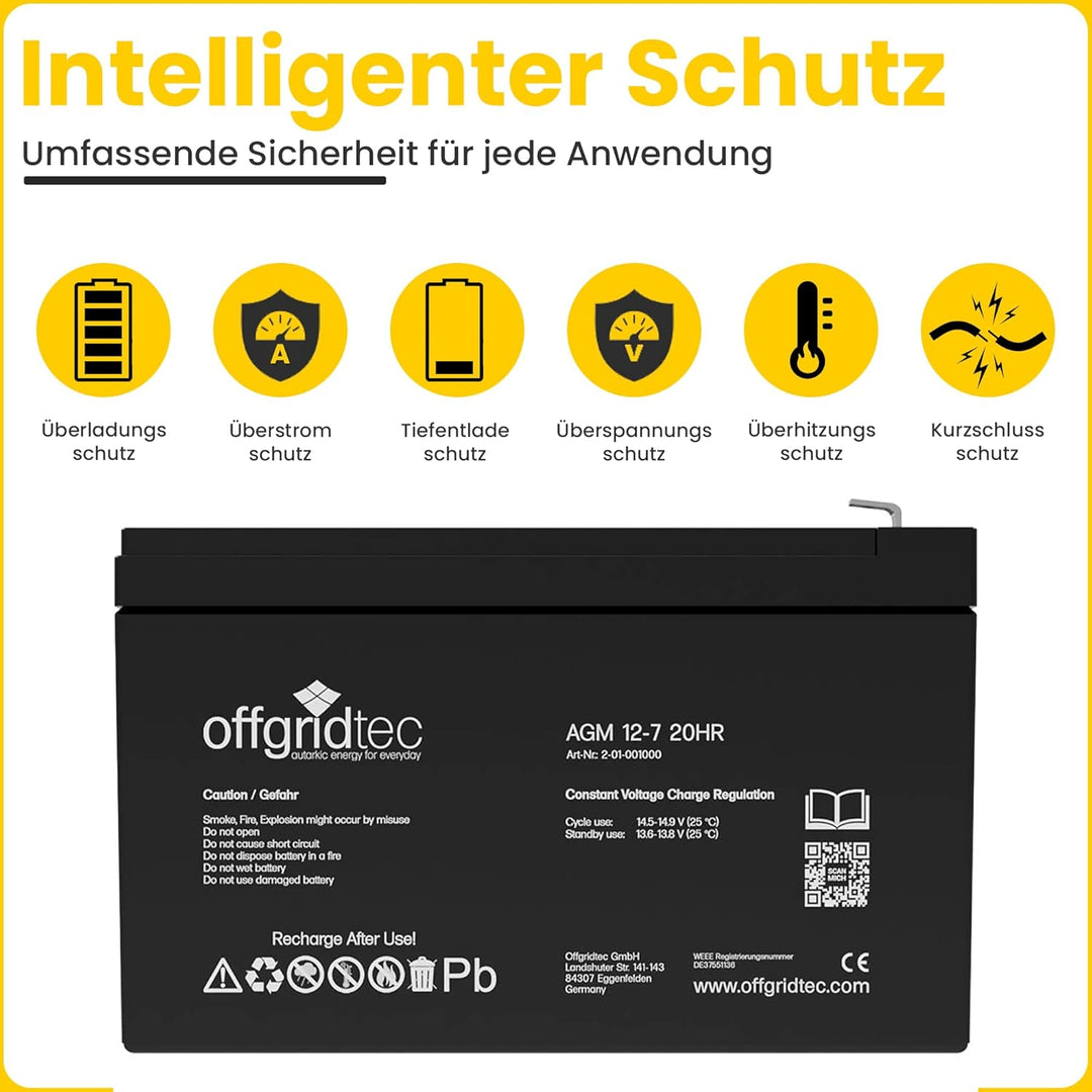Offgridtec® 7Ah 12V Bleiakku AGM Zyklenfest USV Ersatz VRLA Batterie, 7Ah