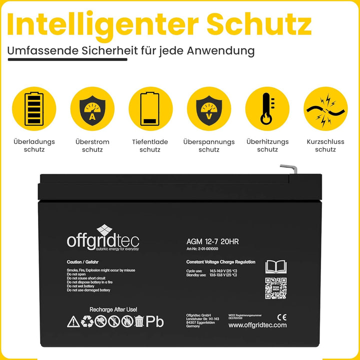 Offgridtec® 7Ah 12V Bleiakku AGM Zyklenfest USV Ersatz VRLA Batterie, 7Ah