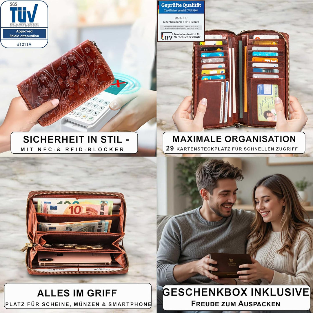 MATADOR Geldbörse Damen XXL Gross Leder Geldbeutel Doppelter Reissverschluss TÜV Geprüfter RFID & NF