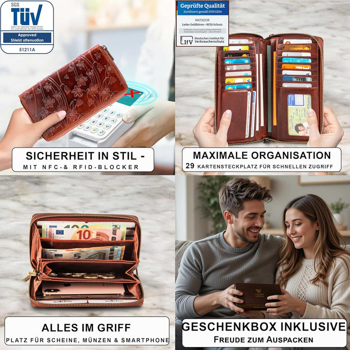 MATADOR Geldbörse Damen XXL Gross Leder Geldbeutel Doppelter Reissverschluss TÜV Geprüfter RFID & NF