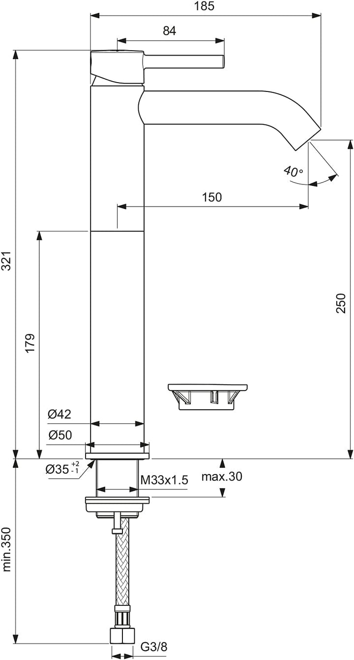 Ideal Standard BD137XG Ceraline Waschtischarmatur mit Push-Open Ventil verlängerter Sockel / PushOpe