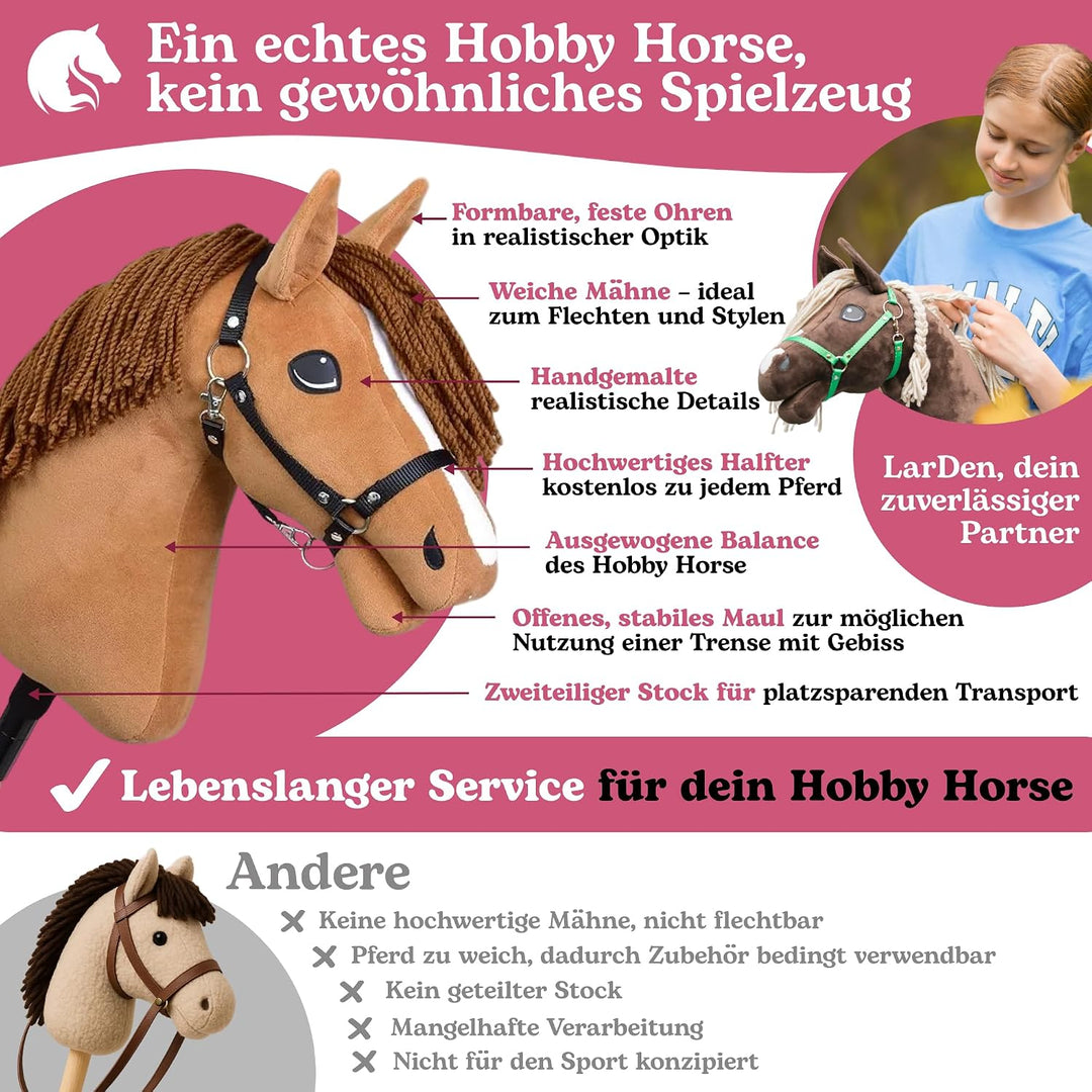 LarDen Hobby Horse Wendy mit schwarzem Halfter - Grösse M, HANDGEFERTIGTES Stockpferd Für Kleine, Gr