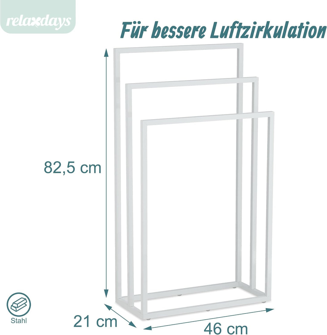 Relaxdays Handtuchständer, 3 Stangen, Stahl, H x B x T: 82,5 x 46 x 21 cm, freistehender Duschtuchha