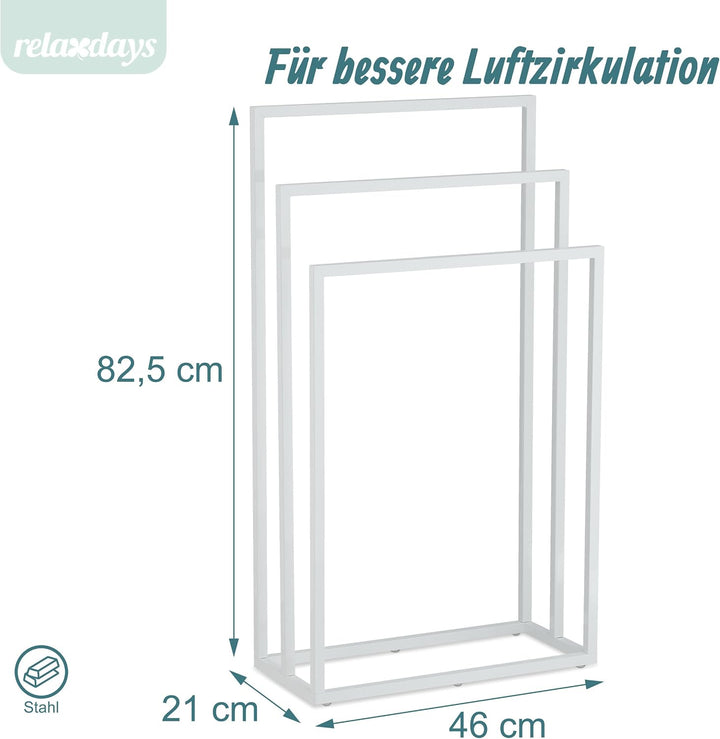 Relaxdays Handtuchständer, 3 Stangen, Stahl, H x B x T: 82,5 x 46 x 21 cm, freistehender Duschtuchha