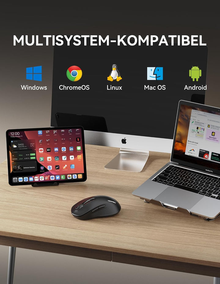 TECKNET Bluetooth Maus, Maus Kabellos (Tri-Modus: BT 5.0/3.0+2.4G) 4800 DPI Leise Mouse, Funkmaus mi