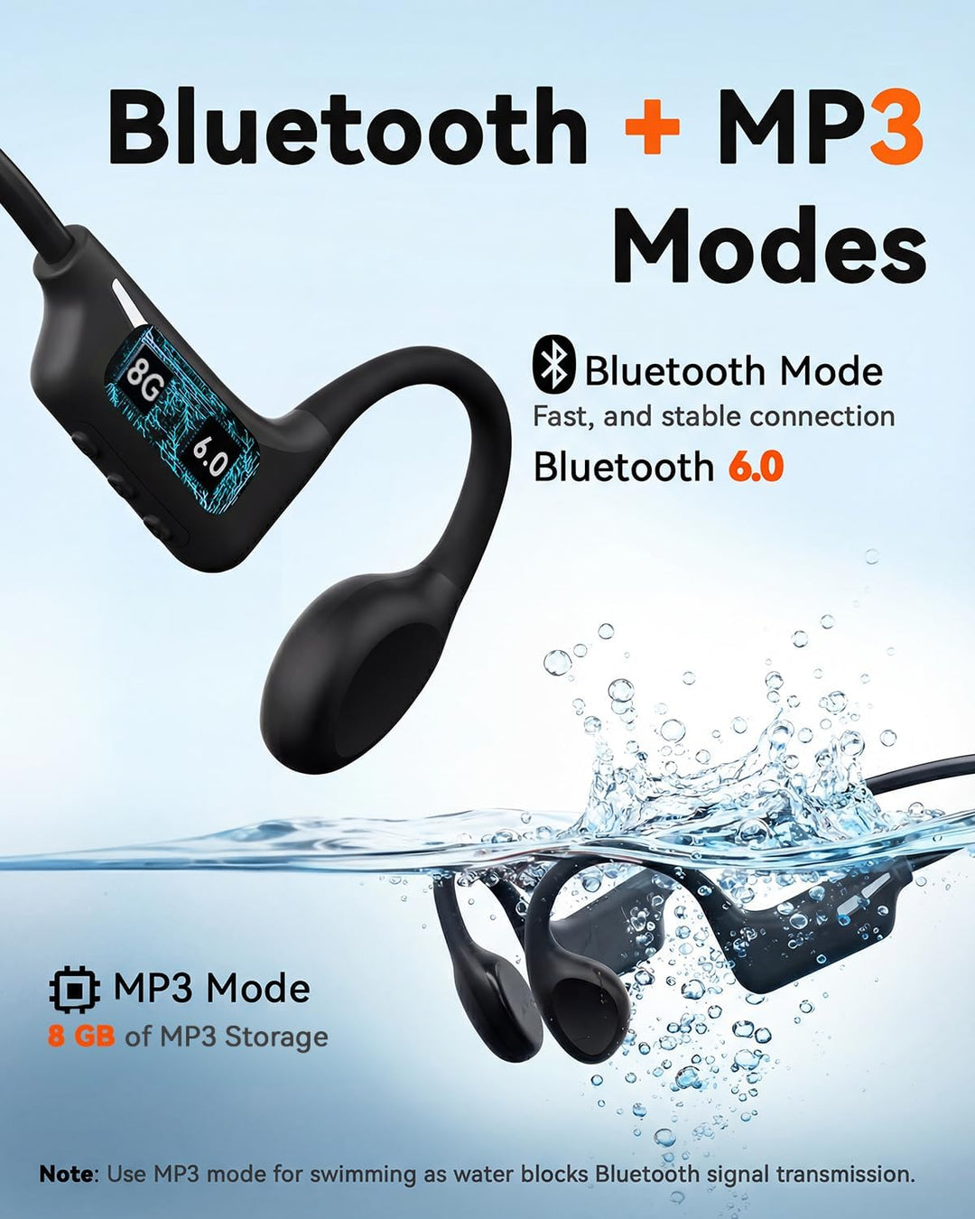 MONODEAL Knochenschall Kopfhörer Schwimmen Bluetooth 6.0 IPX8 Unterwasser 32G MP3 Open-Ear Bone Cond