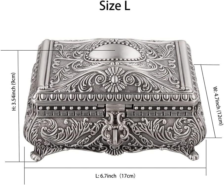 Feyarl Antik Schmuckkästen Metallic Floral Gravur Rechteck Aufbewahrung Box mit Unterteilung Silber