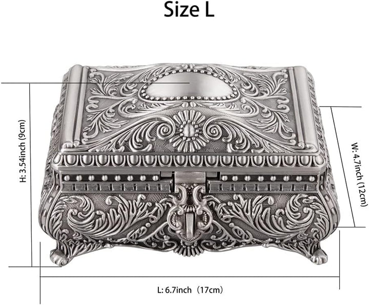 Feyarl Antik Schmuckkästen Metallic Floral Gravur Rechteck Aufbewahrung Box mit Unterteilung Silber