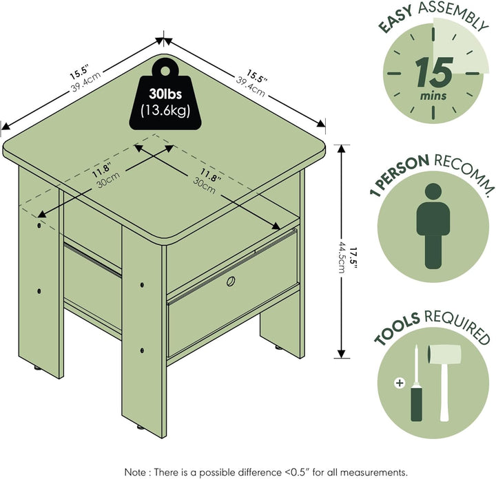 Furinno Andrey Beistelltisch Nachttisch mit Schublade, Holz, Sonoma Eiche/Elfenbein, 39.37 x 39.37 x