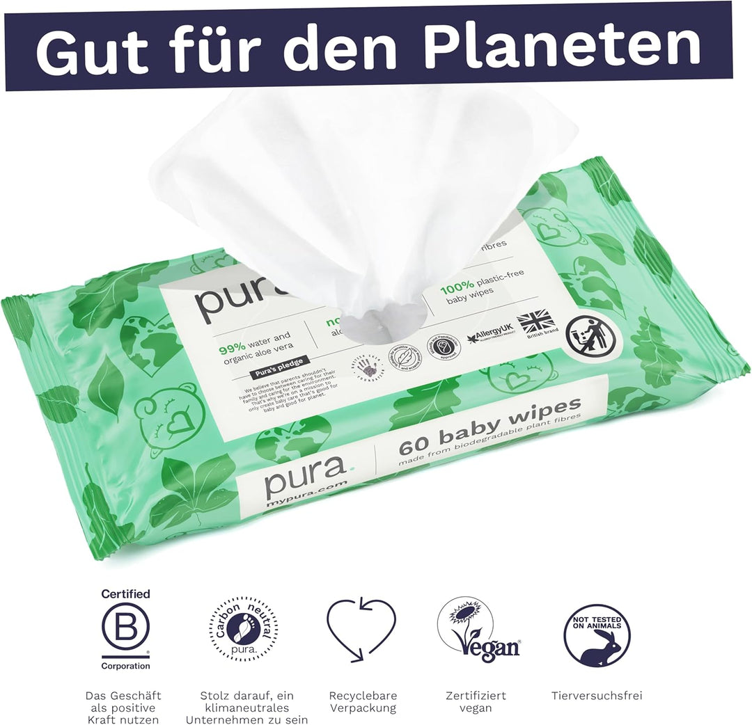 Pura Öko-Feuchttücher für empfindliche Babyhaut, 180 Tücher (3 x 60 Tücher), Monatsbox, 99% Wasser,