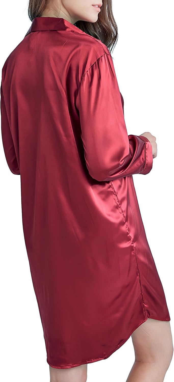 Nachthemd Damen, Satin Nachtkleid Langarm Nachtwäsche mit Knopfleiste Schlafhemd Freizeitkleidung Bu