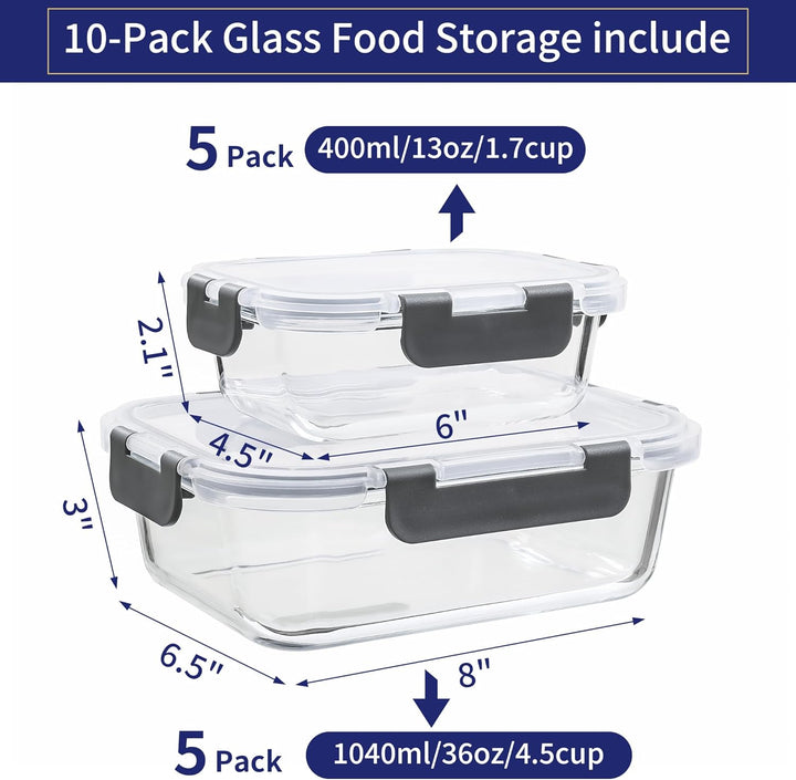 MFY 10er-Set (1040ml & 400ml) Glasbehälter mit Deckel Set, Meal Prep Boxen Glas Frischhaltedosen Gla