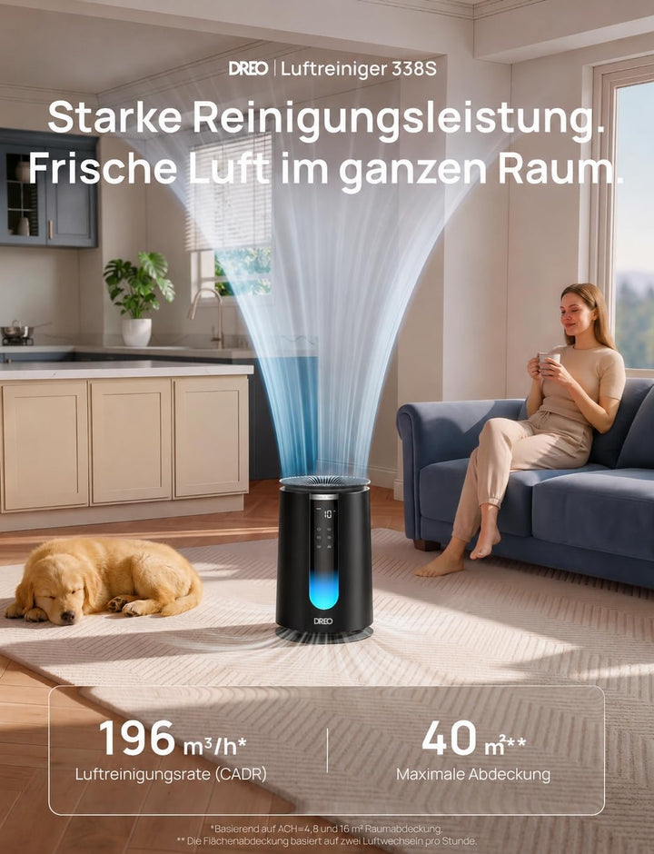 DREO-Luftreiniger für Schlafzimmer 195 m³/h CADR, Luftreiniger 338S,3-in-1-HEPA-Filter, 4 Modi, 4 Ge