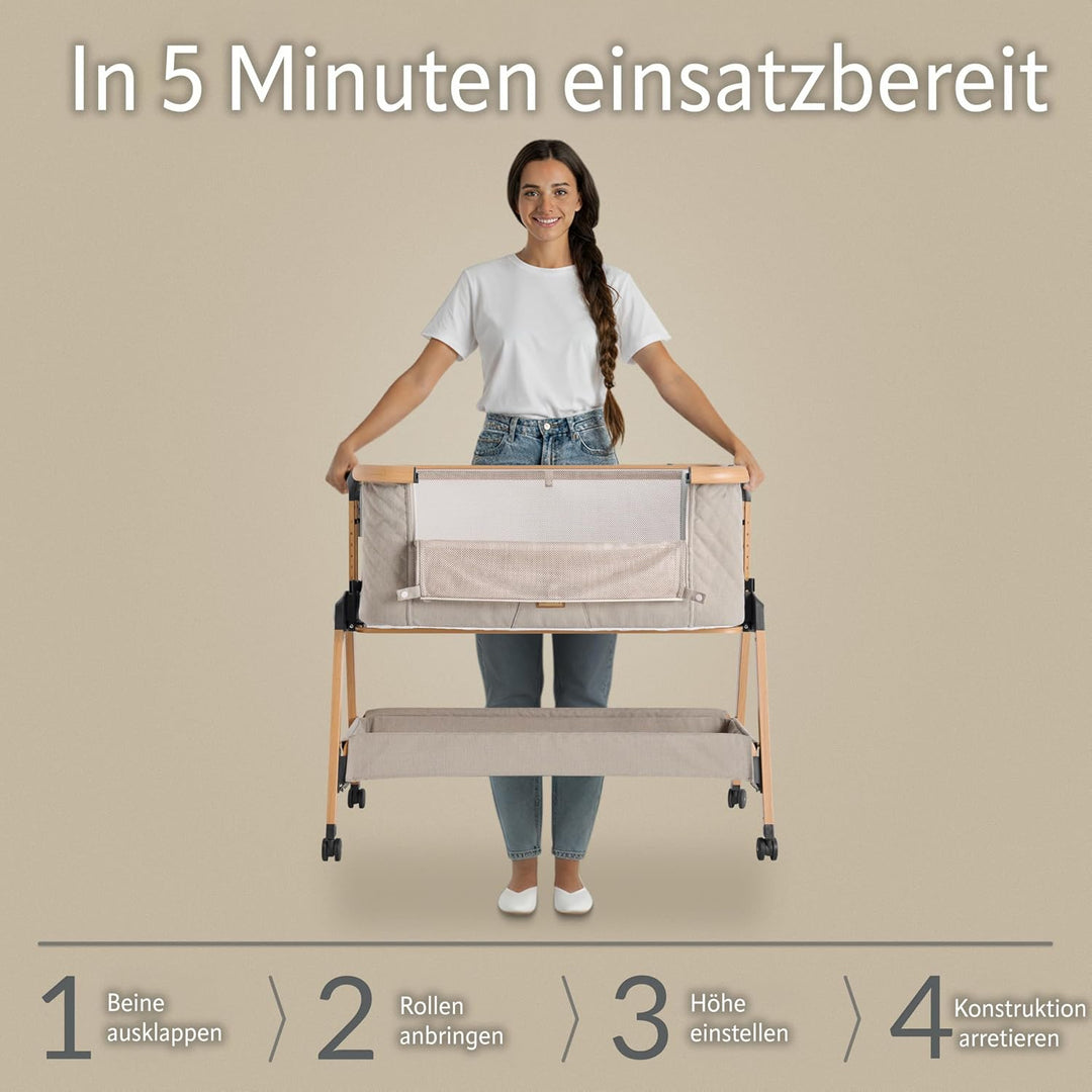SnooBee Babybett Beistellbett Baby &amp; Co-Sleeper – Höhenverstellbares Babybett mit Matratze, Rollen m