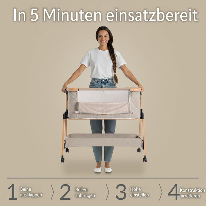 SnooBee Babybett Beistellbett Baby &amp; Co-Sleeper – Höhenverstellbares Babybett mit Matratze, Rollen m
