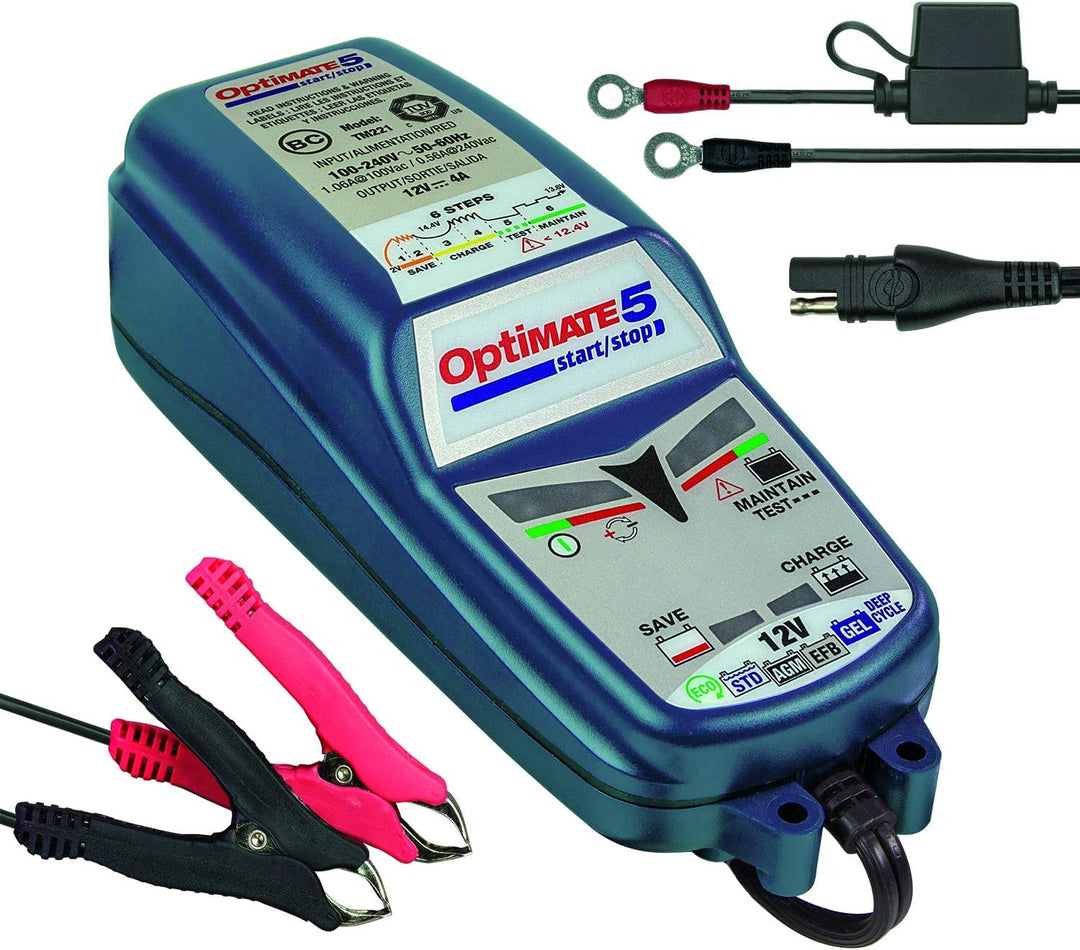 OptiMATE TM220-4A Batterieladegerät OptiMate5, Blue, 5 Start/Stop 12V 4A & O-01 Zubehör O1 (SAE), Bl
