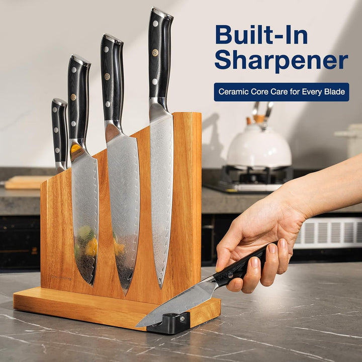 Messerblock Magnetisch mit Integriertem Schärfer, 100% Akazienholz Messerblock ohne Messer, Starker
