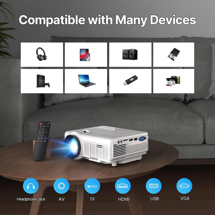 Sunys Bluetooth Mini Beamer, 10000 Lux 1080P HD Full Tragbarer Projektor, LED Heimkino Video Beamer