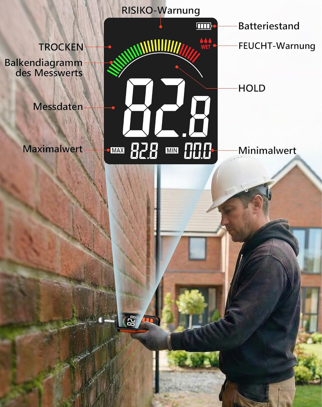 Feuchtigkeitsmessgerät Wand & Holz, Zerstörungsfreies Feuchtemesser mit Kugelsensor, 40mm Tiefenscan