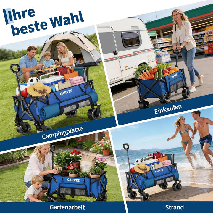 GarveeLife XXL Bollerwagen Faltbar, 200kg Belastbar &amp; 200L Volumen, Handwagen mit Bremsen &amp; 20cm Off