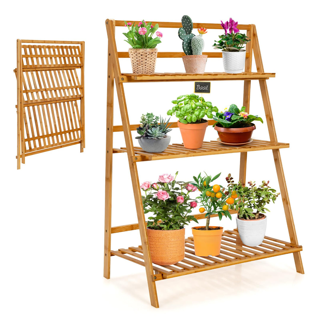 HOMASIS Pflanzregal mit 3 Ebenen, Faltbares Blumenregal, Bambus-Pflanzenständer Outdoor Indoor, Leit