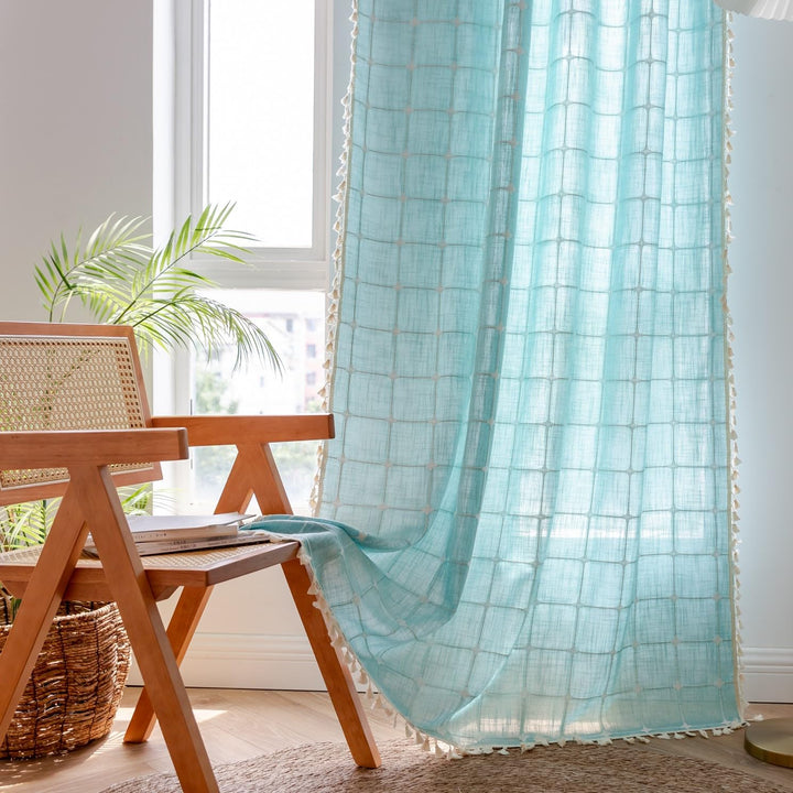 Sutuo Home Boho-Vorhang, Plaids für Schlafzimmer, halbverdunkelnd, Leinen, Bauernhaus-Quasten, Fenst