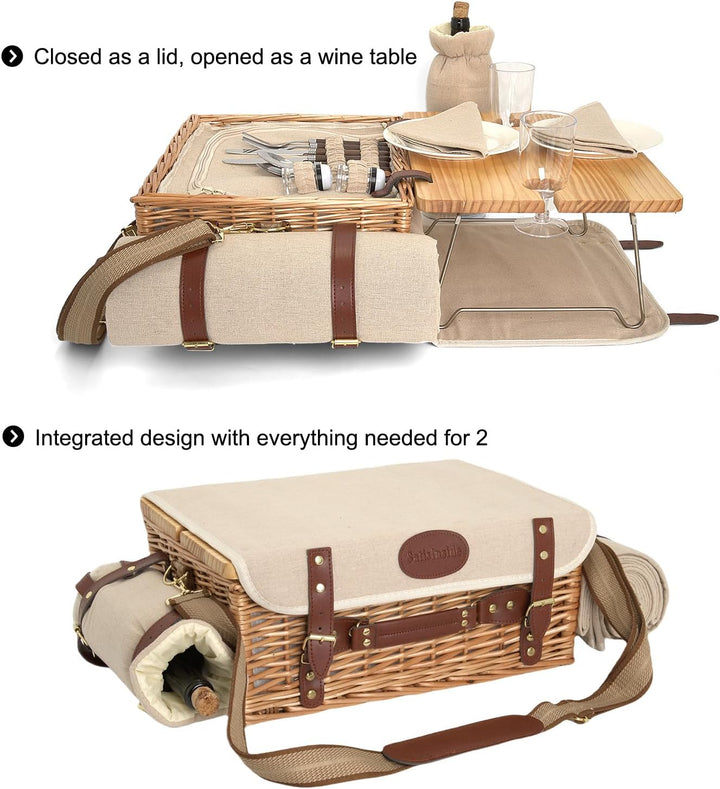 Multifunktionales Picknickkorb-Set aus Weidengeflecht für 2 Personen mit Decke und Picknicktisch, is