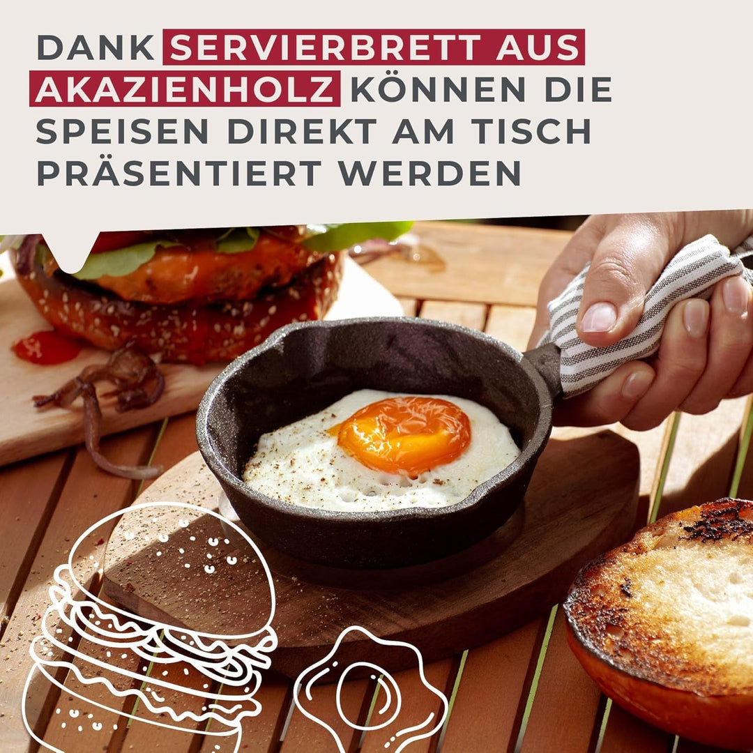 FACKELMANN Pfännchen aus Gusseisen mit praktischem Holzuntersetzer – Runde Grillpfännchen aus Guss p