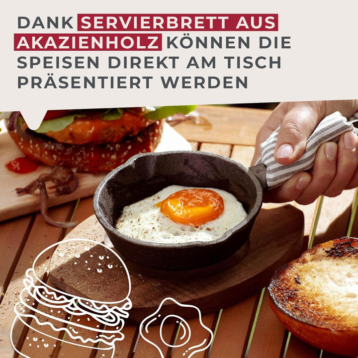 FACKELMANN Pfännchen aus Gusseisen mit praktischem Holzuntersetzer – Runde Grillpfännchen aus Guss p