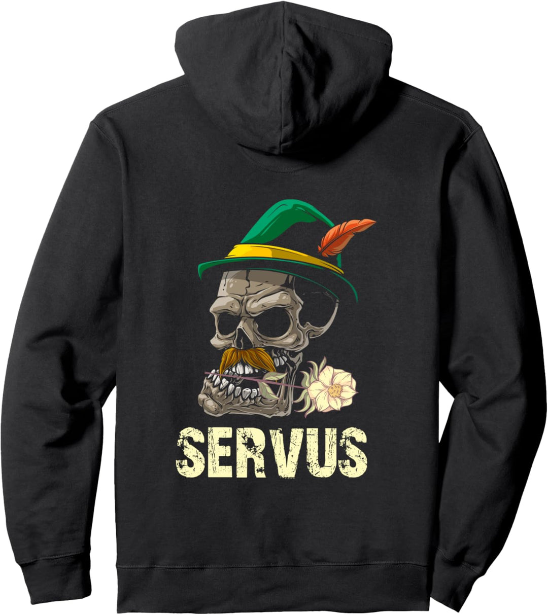 Backprint Servus bayrischer Totenkopf und Edelweiss Pullover Hoodie