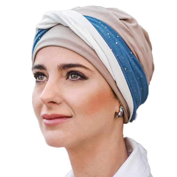 CAREBELL Elegance Denim Palms Turban-Mütze aus Bambus für Chemotherapie oder Alopezie